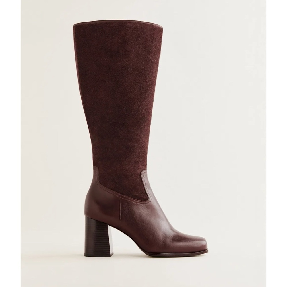 New Reformation Frederique Knee High Heeled Leather Boots Oak Suede 8.5